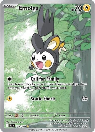 Pokémon card: Emolga 112/086 from Black Bolt (Illustration Rare), Lightning type, front of card