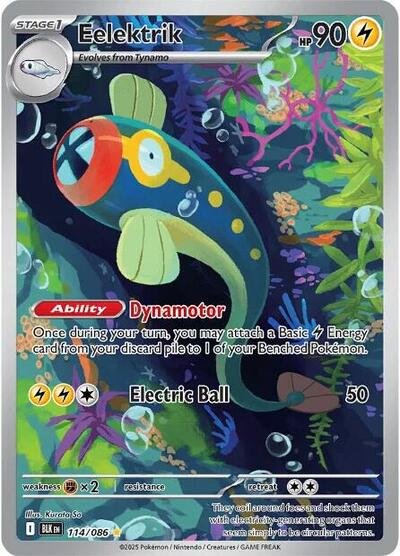 Pokémon card: Eelektrik 114/086 from Black Bolt (Illustration Rare), Lightning type, front of card