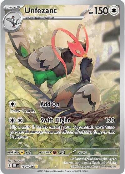 Pokémon card: Unfezant 150/086 from Black Bolt (Illustration Rare), Colorless type, front of card