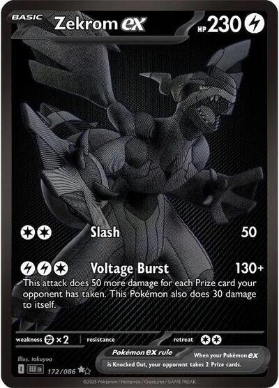 Pokémon card: Zekrom ex 172/086 from Black Bolt (Black White Rare), Lightning type, front of card