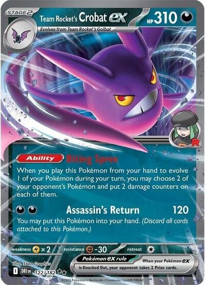 Pokémon card: Team Rocket's Crobat ex 122/182 from Destined Rivals (Double Rare), Darkness type, front of card