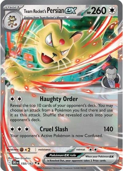 Pokémon card: Team Rocket's Persian ex 150/182 from Destined Rivals (Double Rare), Colorless type, front of card