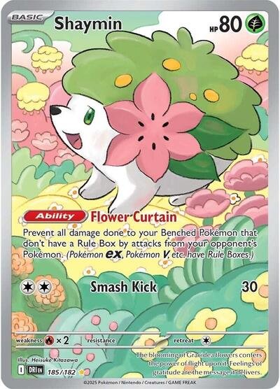 Pokémon card: Shaymin 185/182 from Destined Rivals (Illustration Rare), Grass type, front of card