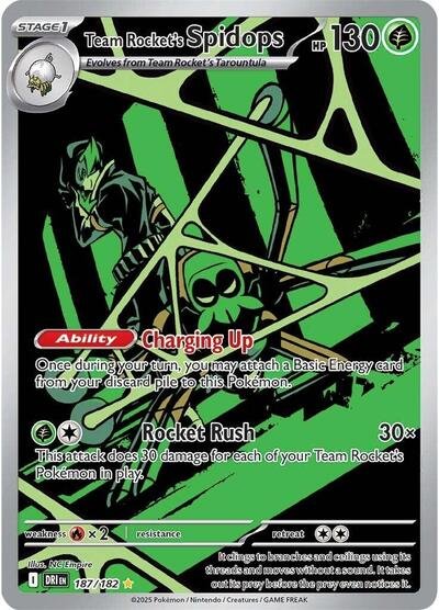 Pokémon card: Team Rocket's Spidops 187/182 from Destined Rivals (Illustration Rare), Grass type, front of card
