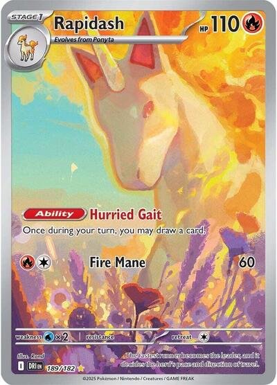 Pokémon card: Rapidash 189/182 from Destined Rivals (Illustration Rare), Fire type, front of card