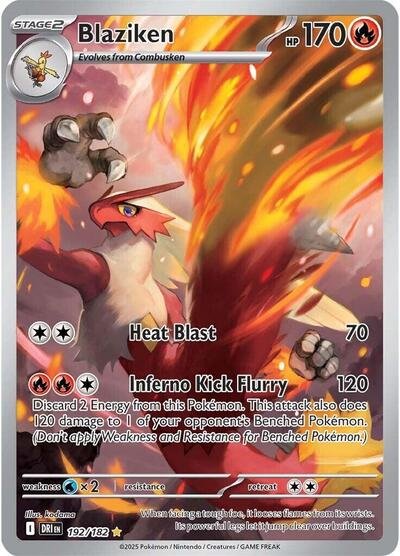 Pokémon card: Blaziken 192/182 from Destined Rivals (Illustration Rare), Fire type, front of card