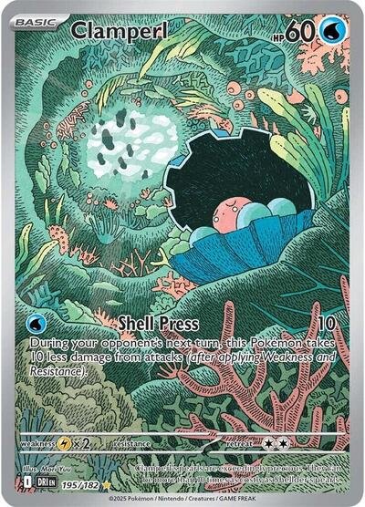 Pokémon card: Clamperl 195/182 from Destined Rivals (Illustration Rare), Water type, front of card