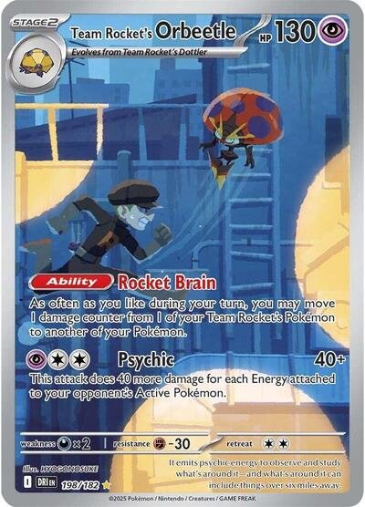 Pokémon card: Team Rocket's Orbeetle 198/182 from Destined Rivals (Illustration Rare), Psychic type, front of card