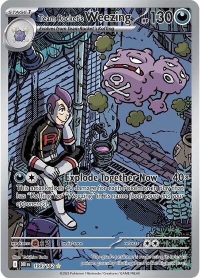 Pokémon card: Team Rocket's Weezing 199/182 from Destined Rivals (Illustration Rare), Darkness type, front of card