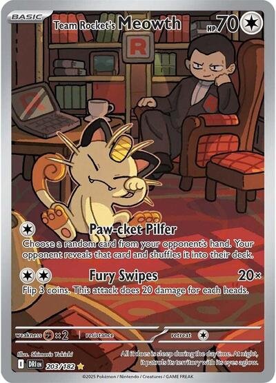 Pokémon card: Team Rocket's Meowth 203/182 from Destined Rivals (Illustration Rare), Colorless type, front of card