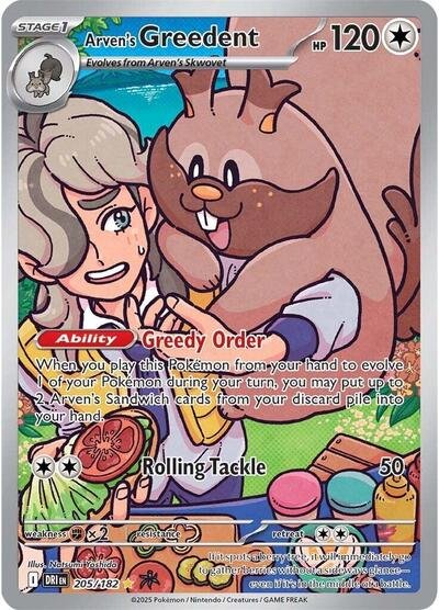 Pokémon card: Arven's Greedent 205/182 from Destined Rivals (Illustration Rare), Colorless type, front of card