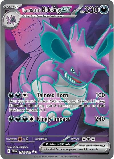 Pokémon card: Team Rocket's Nidoking ex 216/182 from Destined Rivals (Ultra Rare), Darkness type, front of card
