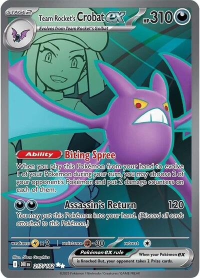 Pokémon card: Team Rocket's Crobat ex 217/182 from Destined Rivals (Ultra Rare), Darkness type, front of card