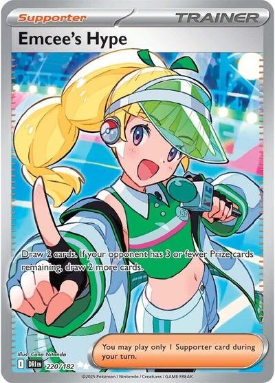 Pokémon card: Emcee's Hype 220/182 from Destined Rivals (Ultra Rare), front of card