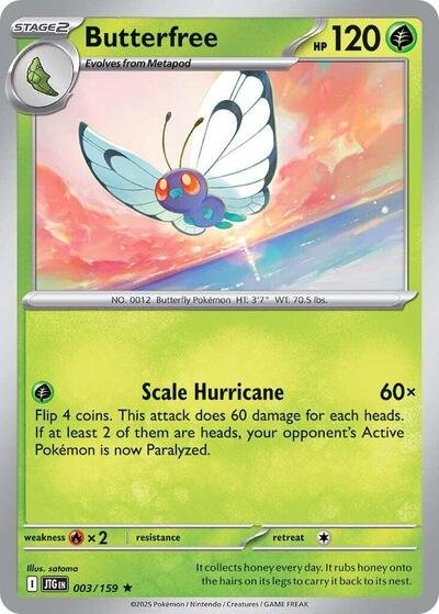 Pokémon card: Butterfree 003/159 from Journey Together (Holo Rare), Grass type, front of card
