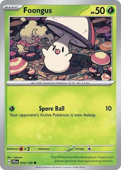 Pokémon card: Foongus 010/159 from Journey Together (Common), Grass type, front of card