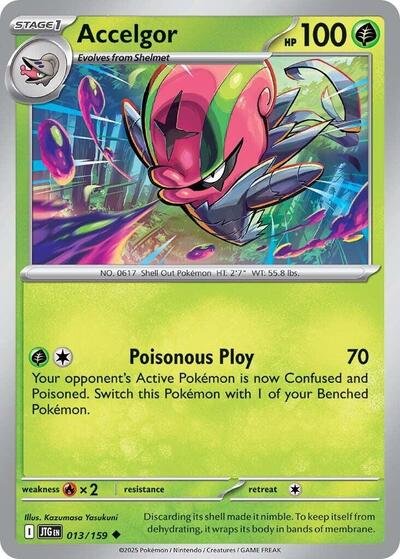 Pokémon card: Accelgor 013/159 from Journey Together (Uncommon), Grass type, front of card