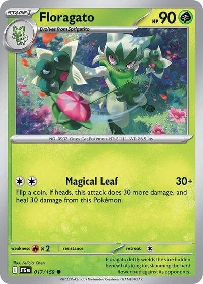 Pokémon card: Floragato 017/159 from Journey Together (Common), Grass type, front of card