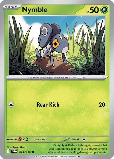 Pokémon card: Nymble 019/159 from Journey Together (Common), Grass type, front of card