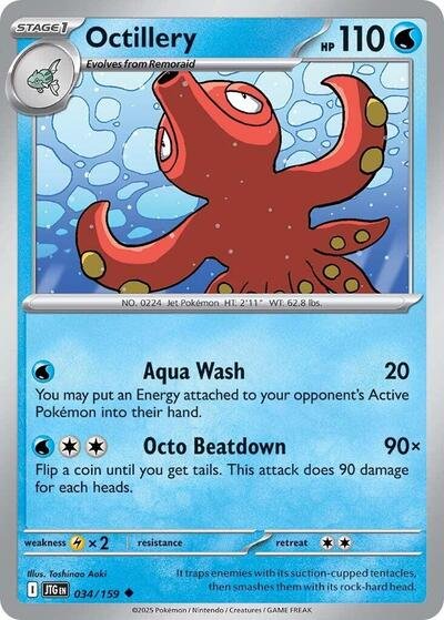 Pokémon card: Octillery 034/159 from Journey Together (Uncommon), Water type, front of card