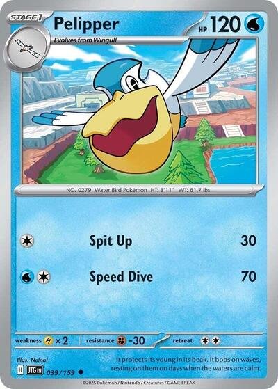 Pokémon card: Pelipper 039/159 from Journey Together (Uncommon), Water type, front of card