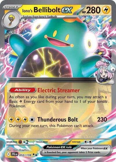 Pokémon card: Iono's Bellibolt ex 053/159 from Journey Together (Double Rare), Lightning type, front of card