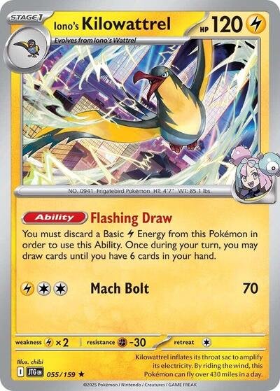 Pokémon card: Iono's Kilowattrel 055/159 from Journey Together (Rare), Lightning type, front of card