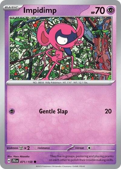 Pokémon card: Impidimp 071/159 from Journey Together (Common), Psychic type, front of card