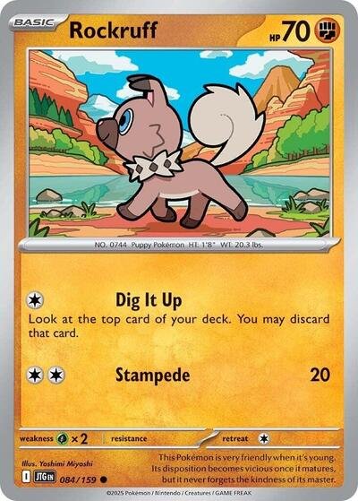 Pokémon card: Rockruff 084/159 from Journey Together (Common), Fighting type, front of card