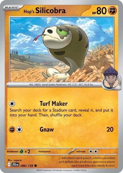 Pokémon card: Hop's Silicobra 086/159 from Journey Together (Common), Fighting type, front of card