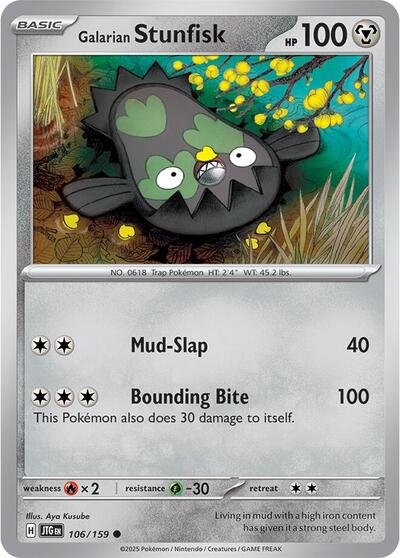 Pokémon card: Galarian Stunfisk 106/159 from Journey Together (Common), Metal type, front of card