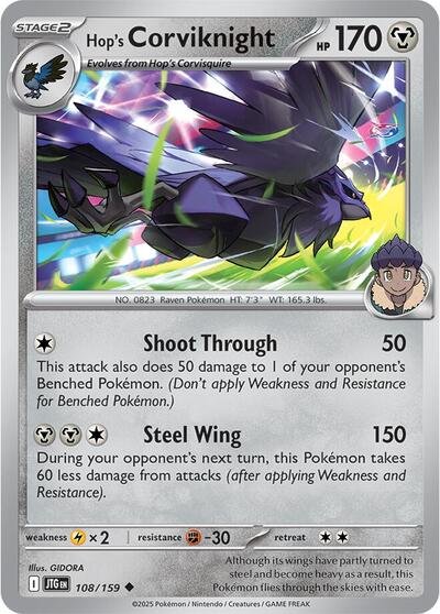 Pokémon card: Hop's Corviknight 108/159 from Journey Together (Uncommon), Metal type, front of card
