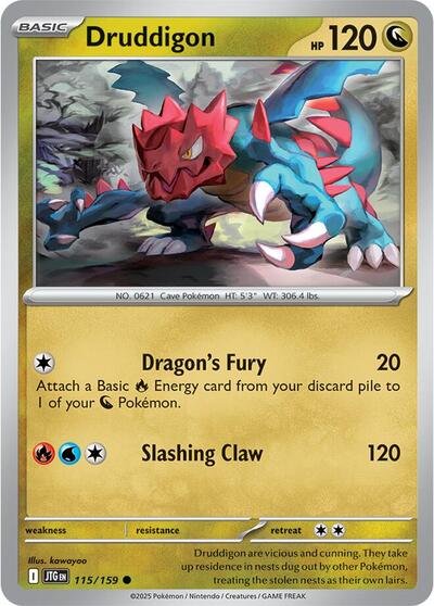 Pokémon card: Druddigon 115/159 from Journey Together (Common), Dragon type, front of card