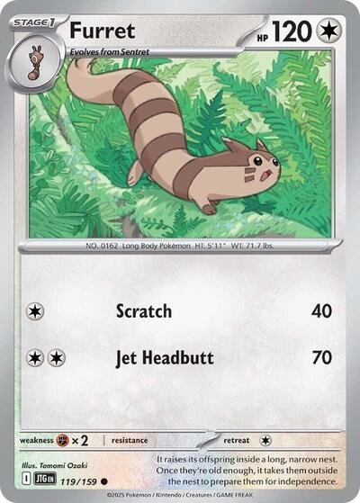 Pokémon card: Furret 119/159 from Journey Together (Common), Colorless type, front of card