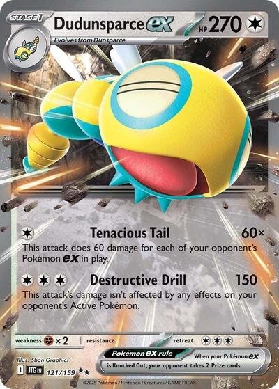 Pokémon card: Dudunsparce ex 121/159 from Journey Together (Double Rare), Colorless type, front of card
