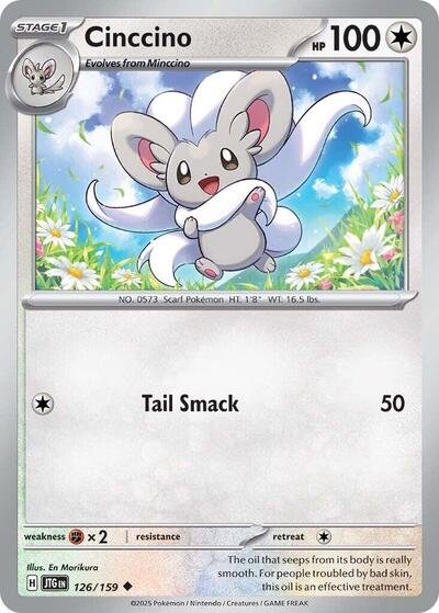Pokémon card: Cinccino 126/159 from Journey Together (Uncommon), Colorless type, front of card