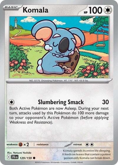 Pokémon card: Komala 129/159 from Journey Together (Common), Colorless type, front of card