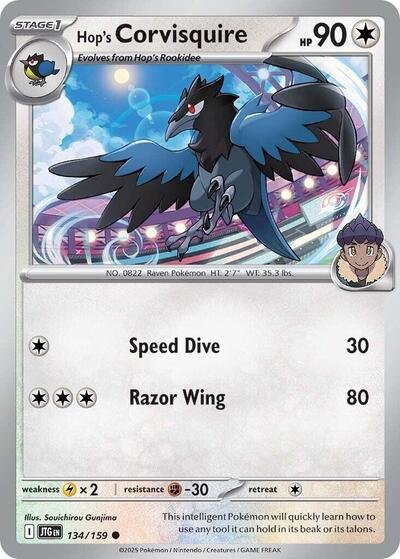Pokémon card: Hop's Corvisquire 134/159 from Journey Together (Common), Colorless type, front of card