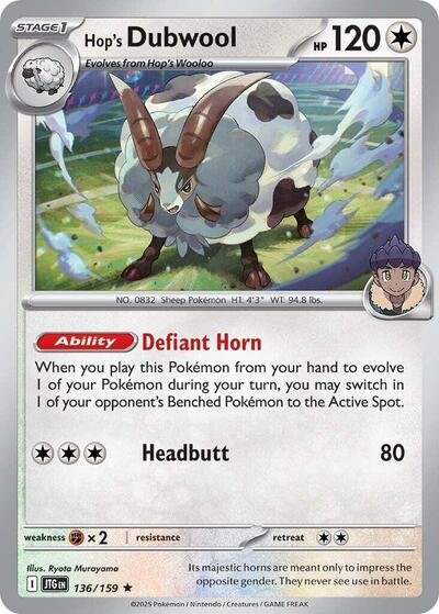 Pokémon card: Hop's Dubwool 136/159 from Journey Together (Holo Rare), Colorless type, front of card
