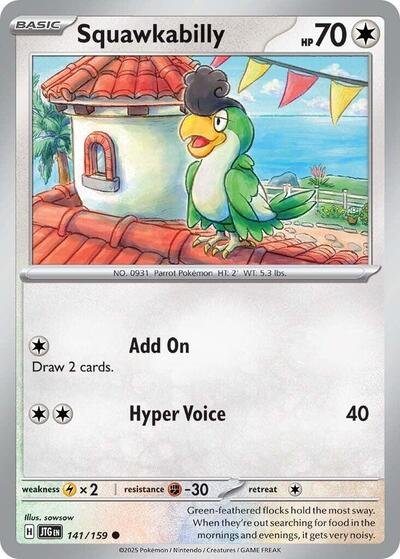 Pokémon card: Squawkabilly 141/159 from Journey Together (Common), Colorless type, front of card