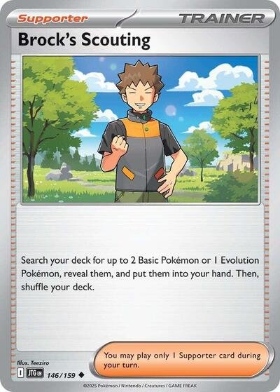 Pokémon card: Brock's Scouting 146/159 from Journey Together (Uncommon), front of card