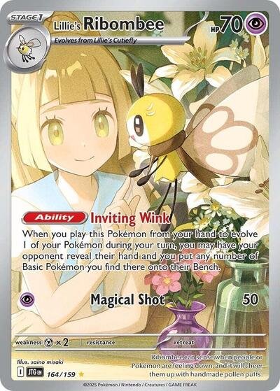 Pokémon card: Lillie's Ribombee 164/159 from Journey Together (Illustration Rare), Psychic type, front of card