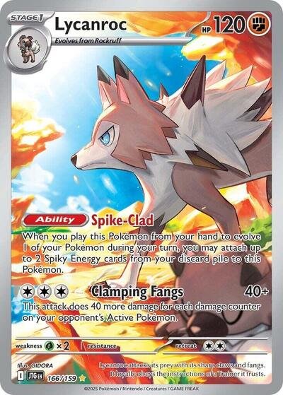 Pokémon card: Lycanroc 166/159 from Journey Together (Illustration Rare), Fighting type, front of card