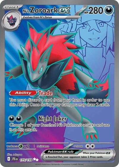 Pokémon card: N's Zoroark ex 175/159 from Journey Together (Ultra Rare), Darkness type, front of card