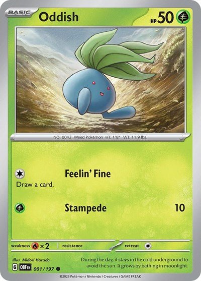 Pokémon card: Oddish 001/197 from Obsidian Flames (Common), Grass type, front of card