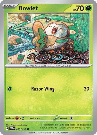 Pokémon card: Rowlet 013/197 from Obsidian Flames (Common), Grass type, front of card