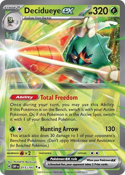 Pokémon card: Decidueye ex 015/197 from Obsidian Flames (Double Rare), Grass type, front of card