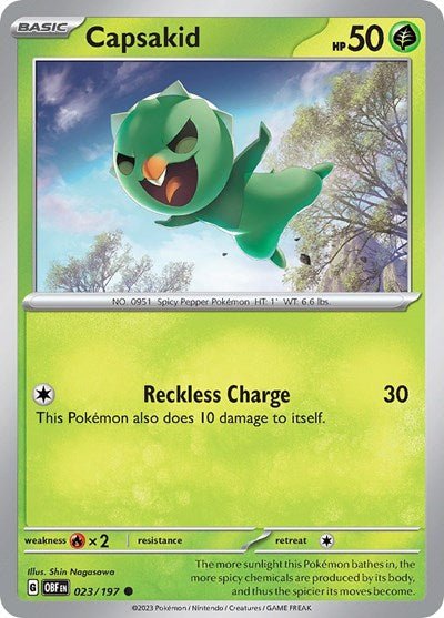 Pokémon card: Capsakid 023/197 from Obsidian Flames (Common), Grass type, front of card