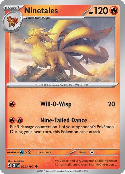 Pokémon card: Ninetales 029/197 from Obsidian Flames (Uncommon), Fire type, front of card