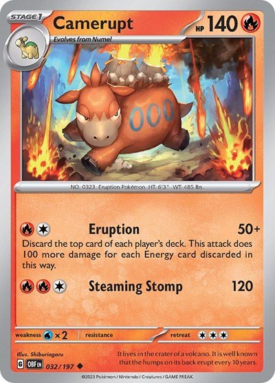 Pokémon card: Camerupt 032/197 from Obsidian Flames (Uncommon), Fire type, front of card